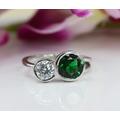 Two-stone Ring, Bezel Set Rings, Engagement Wedding Round White & Green Diamond 14K Solid Gold Unique Classic Ring