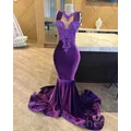 Purple African American Prom Dresses Mermaid V-neck Velvet Appliques Black Girls Nigeria Robe De