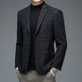 England Styel Men Plaid Wool Blazers Gray Navy Brown Checkered Pattern Sheep Wool Jacket Suit Male