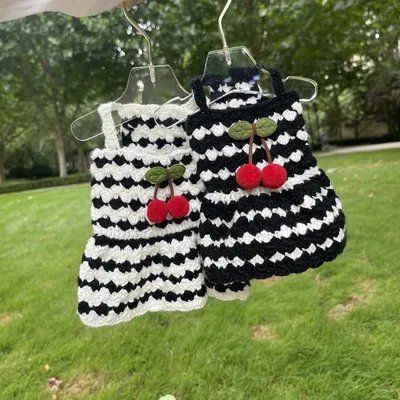 Pet Sling Dress Dog Yorkshire Autumn Winter Warm Hand Knitted Sweater Black White Cherry Sling Dress