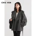 CHIC VEN Women Trench Coat Loose Raglan Long Sleeved Double Breasted Ladies Windbreaker Overcoat