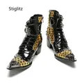 Black Gold Mixed Colors Patent Leather Ankle Boots for Men Metal Pointed Toe Double Buckle Men's