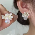 Elegant Opal Imitation Pearl Flower Stud Earrings For Women Korean Zircon Bowknot Leaves Earring