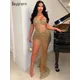 Beyprern Chic Corset Crystal Twist Front Party Dresses Sparkle Nude Gold Rhinestone Fishnet Maxi