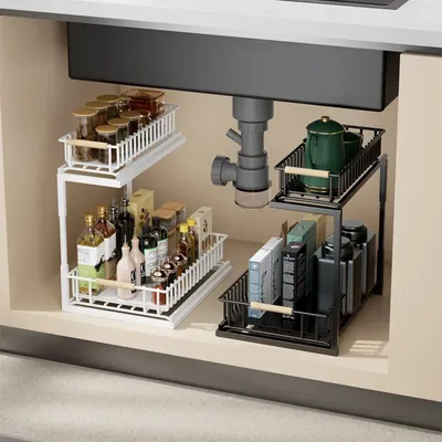 2 Tier Under Sink Storage Organizer Pull-Out Multifunctional Storage Shelf Cabinet Spice Rack