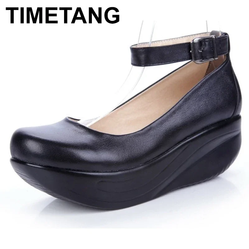 TIMETANG Neue frauen Aus Echtem Leder Plattform Schuhe Keile Schwarz Dame Casual Schuhe Swing High Heels schuh Plus Größe 34-43