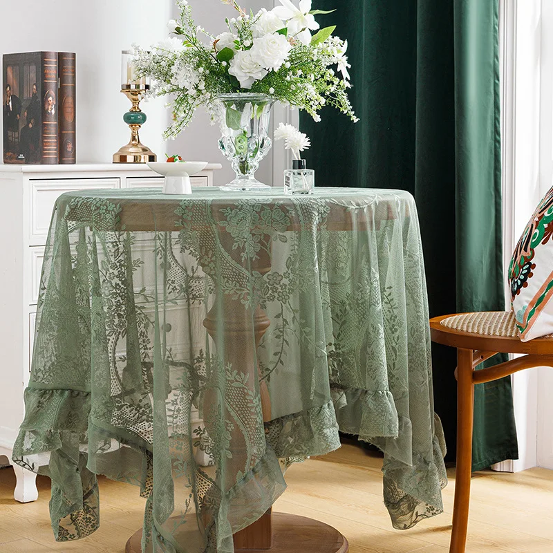 Wihte romantische Jacquard Spitze Tischdecke Hochzeit/Party Tisch dekoration grüne Vintage Rüschen runden Tisch überlagert staub dicht