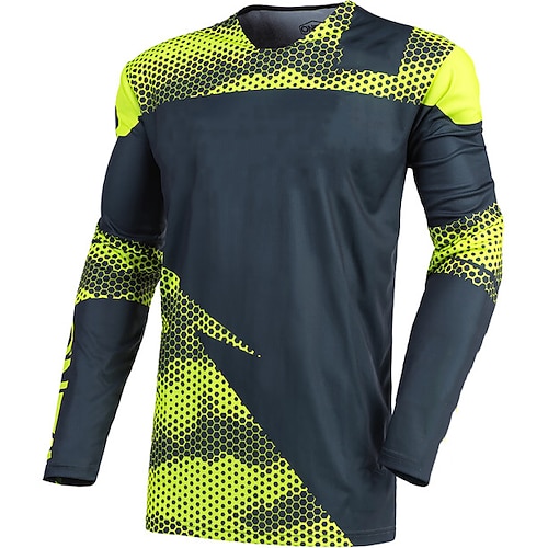 Herren Downhill-Trikot Geometrie Langarm Fahhrad Oberteil mit 3 Gesäßtaschen Mountainbike MTB Straßenradsport Schnelltrocknend Weich Bequem Feuchtigkeitsableitend Sport Grün Grau Bekleidung Image