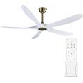 60 Inch White and Gold Ceiling Fan No Light with Remote 5 Solid Wood Blades Reversible Noiseless DC Motor Energy-Efficient Indoor/Outdoor Ceiling Fan for Living Room Bedroom Patio