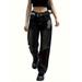 Flap Pockets Chic Cargo Pants Loose Fit Non-Stretch Wide Legs Jeans Women s Denim Jeans & Clothing