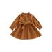 Eyicmarn Kid Girl Dress Long Sleeve Ruffled Neck Solid Color Buttons High Waist Casual Party Dress+ Waist Belt