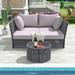 Outdoor 2-Person Sunbed Sectional Furniture Set with Clear Tempered Glass Patio Curved Sofa Rattan Daybed Two-Tone Weave Sunbed with Cushions and Pillows