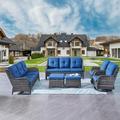 Rilyson Wicker Patio Furniture Set - 6 Piece Rattan Outdoor Sectional Conversation Sets with 2 Swivel Rocking Chairs 2 Ottomans 1 Sofa and 1 Coffee Table for Porch Deck Garden(Brown/Blue)