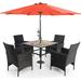 & William Outdoor 6 Pieces Dining Set with 4 Rattan Chairs 1 Wood-Like Metal Table and 1 10ft 3 Tier Auto-tilt Umbrella(No Base) Red Modern Patio Furniture for Poolside Porch Pati