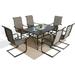 7 Pieces Steel Frame Patio Dining Set Outdoor All Weather Furniture Set with 6 High Back Cotton-Padded Dining Chairs and Rectangular Wood-Like Dining Table