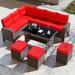 Kullavik 8 Pieces Outdoor Patio Furniture Set Wicker Rattan Dining Sofa Outdoor Sectional Conversation Set with 43 55000BTU Gas Fire Pit Table Navy Blue