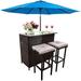 xrboomlife Outdoor Set 3-Piece Rattan Wicker Patio Glass and Two Stools with Cushions and 9 FT Patio Umbrella for Patios Backyards Porches Gardens or Poolside Sky Blue