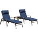 LOKATSE HOME 3 Pieces Outdoor Patio Chaise Lounge Chair Lounger Seating Furniture Set with Cushions and Table Navy Blue