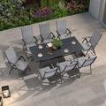 LEAF 9 Pieces Outdoor Patio Dining Set with 8 Folding Portable Chairs and 1 Rectangle Aluminum Table Foldable Adjustable High Back Reclining Chairs with Soft Cotton-Padded Seat Grey