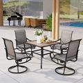 5 Pieces Outdoor Dining Set 4 Sling Dining Swivel Chairs and 48 Round Metal Wood Grain Table with 2 Umbrella Hole Furniture Sets for Lawn Backyard Garden