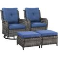 Rilyson Wicker Patio Furniture Set - 6 Piece Rattan Outdoor Sectional Conversation Sets with 2 Swivel Rocking Chairs 2 Ottomans 1 Sofa and 1 Coffee Table for Porch Deck Garden(Brown/Blue)