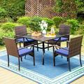 PHI VILLA 5 Piece Outdoor Dining Set for 4 37 Square Metal Dining Table & 4 Cushioned Rattan Wicker Chairs for Patio Deck Yard Porch