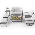 HAPPATIO 7 Piece Aluminum Patio Furniture Set 3-Seat Outdoor Ottoman and Swivel Armchair All-Weather Outdoor Sectional Sofa with Side Table and Coffee Table Garden Conversation Set for