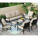 VILLA 4 Piece Patio Conversation Sets Outdoor Deluxe Metal Furniture Patio Set with 3 Seater Padded Deep Seating Bench 2 Swivel Cushioned Armrest Sofa Chairs and 1 Good-Looking Coffee