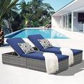 xrboomlife Outdoor Patio Chaise Lounge Chair Elegant Reclining Adjustable Pool Rattan Chaise Lounge Chair with Navy Blue Cushion Grey PE Wicker Steel Frame