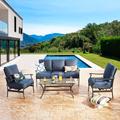 Red Barrel Studio® 4 Pcs Patio Conversation Set Outdoor Cushioned Furniture w/ Loveseat 2 Single Chairs, Coffee Table, Steel Frame | Wayfair