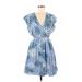 Monteau Casual Dress - Mini V Neck Short sleeves: Blue Print Dresses - Women's Size Medium