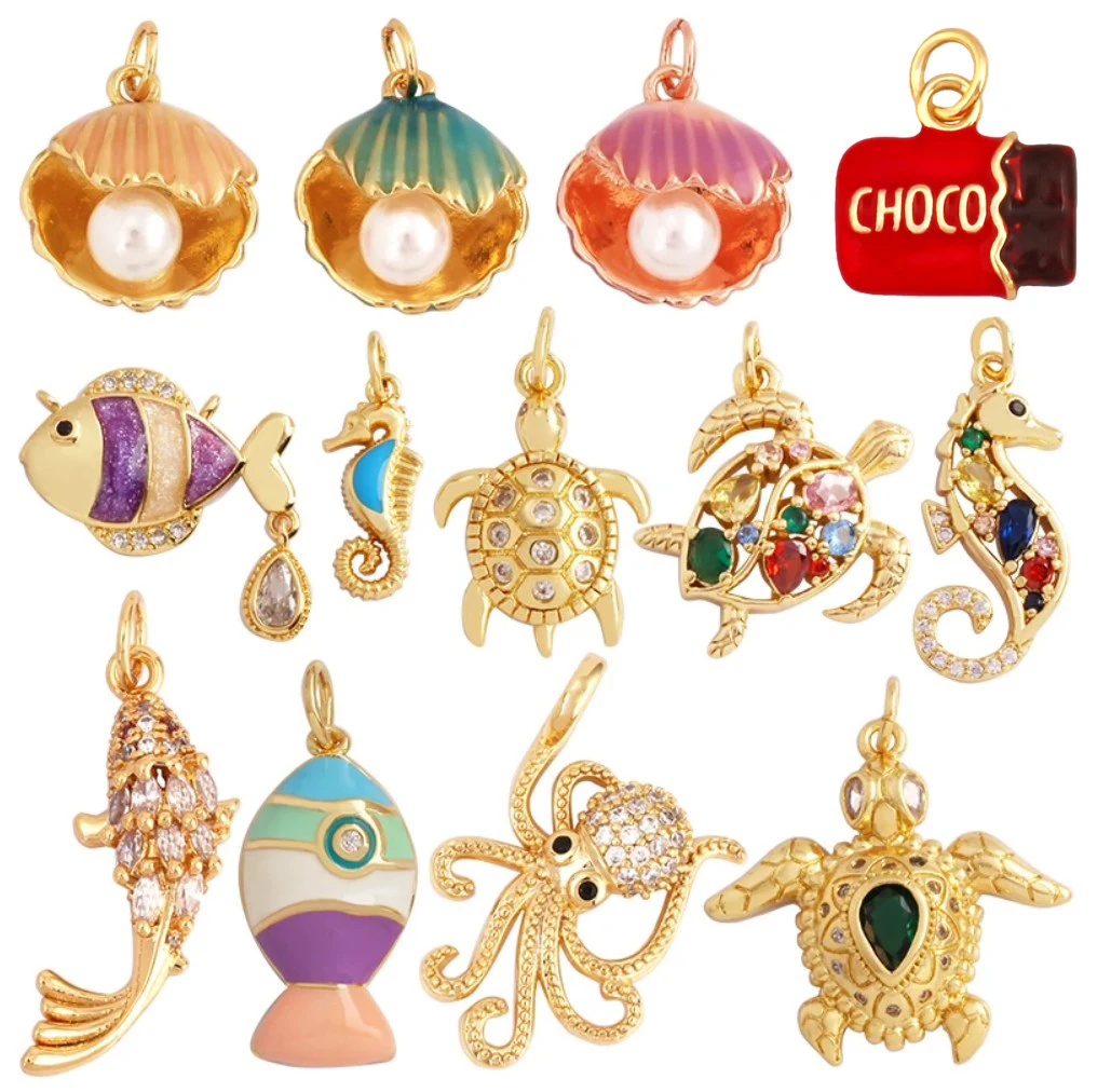 Ciondolo con ciondolo a forma di conchiglia di polpo di pesce di conchiglia di tartaruga di cavalluccio marino blu oceano, accessori per gioielli con zirconi placcati in oro 18 carati