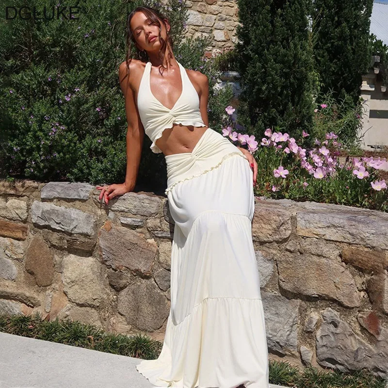 DGLUKE Crop Top und langer Rock 2-teiliges Set Damen-Outfit Sommer Neu in passenden Sets Strandurlaub Outfit Rock Co ord Image