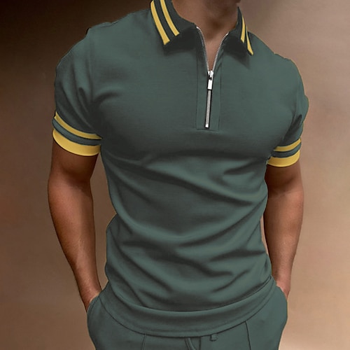 Herren Poloshirt Poloshirt mit Viertelreißverschluss Ausgehen Golfhemden Umlegekragen Viertel Postleitzahl Kurzarm Sport Designer Vintage Patchwork Zip Frühling Sommer Schlank Schwarz Marineblau Image