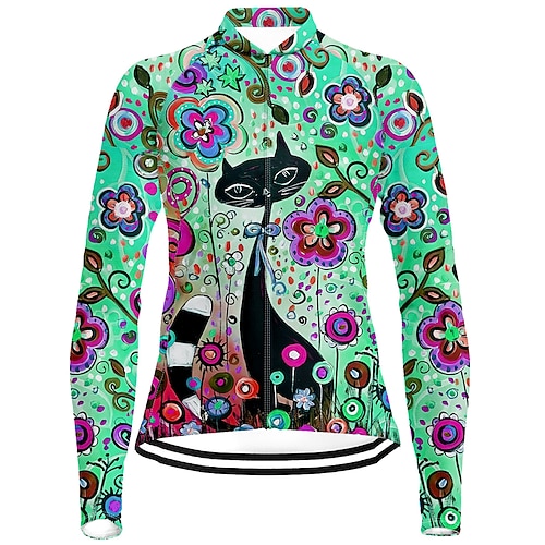 Damen Radtrikot Katze Blumenmuster Langarm Fahhrad Trikot Oberteil mit 3 Gesäßtaschen Mountainbike MTB Straßenradsport Schnelltrocknend Reflektierende Streifen Rückentasche Feuchtigkeitsableitend Image