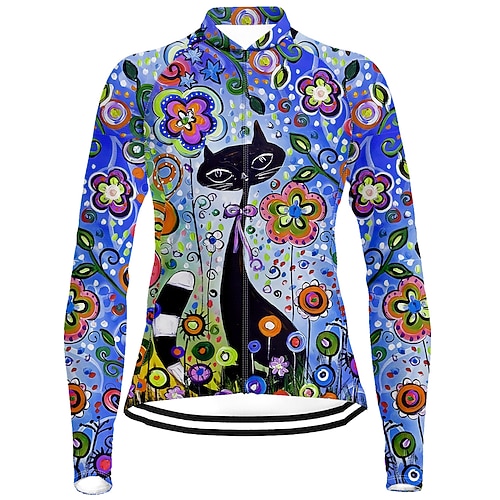 Damen Radtrikot Katze Blumenmuster Langarm Fahhrad Trikot Oberteil mit 3 Gesäßtaschen Mountainbike MTB Straßenradsport Schnelltrocknend Reflektierende Streifen Rückentasche Feuchtigkeitsableitend Image