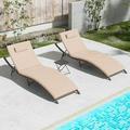 YZboomLife Lounge Chair for Outside 3 Pieces Chaise Lounge Outdoor Folding Pool Lounge Chairs Including Table Rattan Patio Set Dark Blue