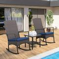 YZboomLife Outdoor Rocking Chair 3 Piece Porch Chairs PE Wicker Patio Brown Rattan Sets with Coffee Table Navy Blue Cushion