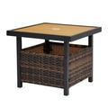 Outdoor Square Patio Coffee Table with Umbrella Hole and Wicker Storage Bin for Patio Garden Poolside Deck Brown