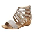 Sandals for Women Women Wedge Strap Sandals Summer Boho Shoes Comfortable Open Toe Elastic Strap Sandals Roman Sandals (Gold, 7)