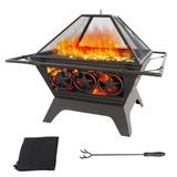 33" Large Fire Pit with Screen Lid, Poker, Cover. Outdoor Wood Burning Firepit for Patio & Backyard