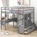 Full Size Loft Bed with Built-in Desk with Two Drawers, and Storage Shelves, 4 Drawers, Gray