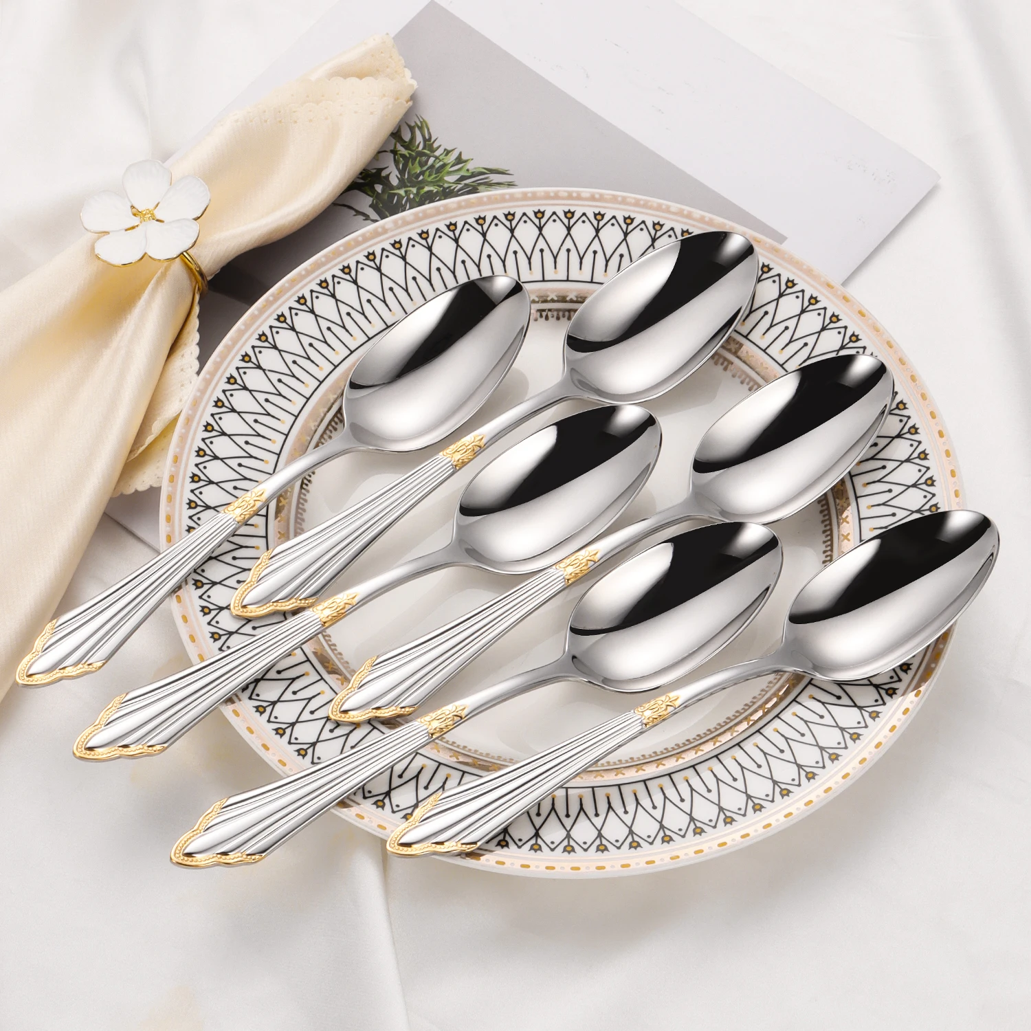 8,39 Zoll luxuriöses, vergoldetes, glänzendes Esslöffel-Set aus Edelstahl, extra großer Tischlöffel, spülmaschinenfest, 2/3/4/5/6 Stück Image