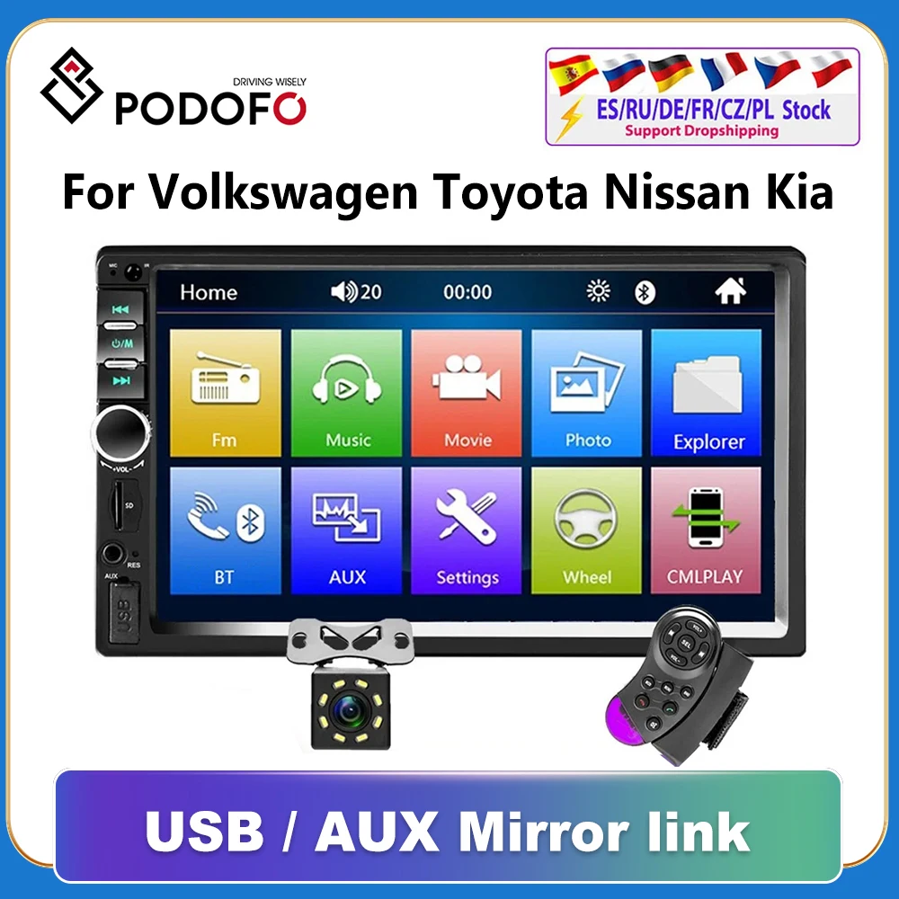Podofo 2din auto radio 2 din Auto Multimedia Player 2DIN Autoradio Android Mirrorlink 2din Auto Stereo MP5 Bluetooth USB FM kamera Image