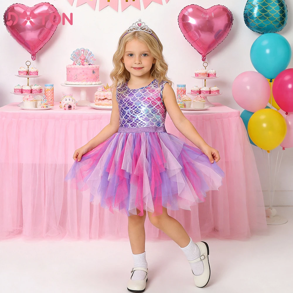 DXTON Sommer Prinzessin Ärmelloses Kleid Kinder Geburtstag Party Kleidung Unregelmäßige Schicht Prom Mädchen Kleider Kinder Tüll Kostüme Image