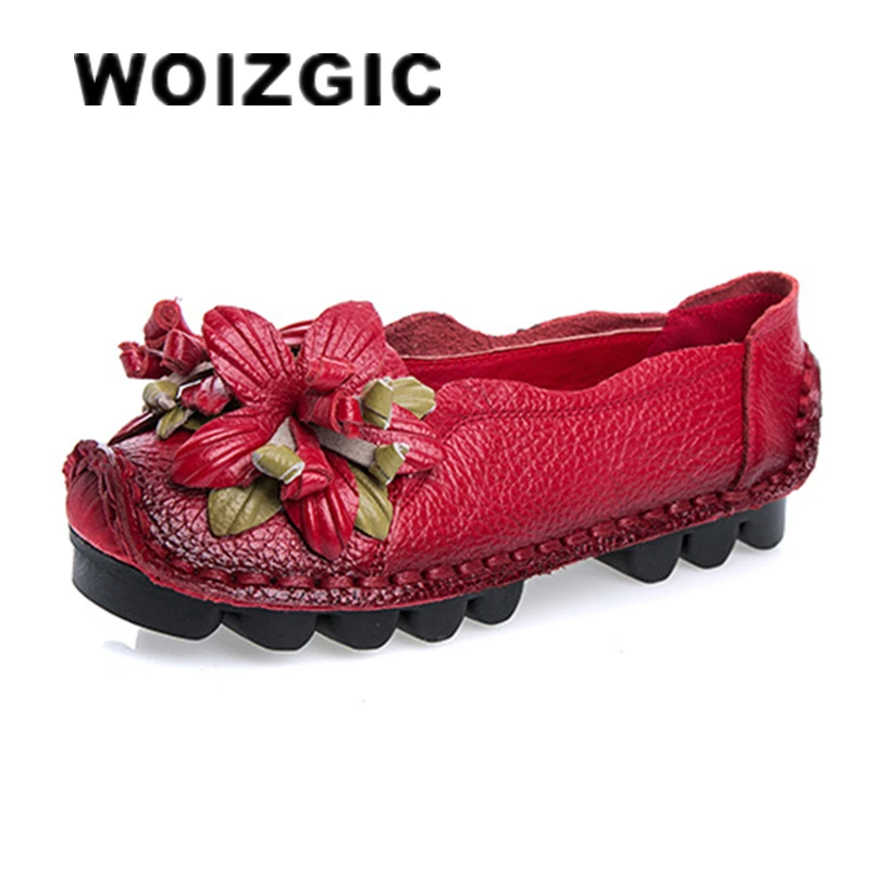 WOIZGIC Frauen Weibliche Mutter Damen Echtes Leder Schuhe Wohnungen Loafers Rutschfeste Auf Blumen Retro Mokassins Plus Größe 41 42