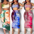 2Pcs Women Set Clothes Sleeveless Crop Top Bandaged Tie-dye print Vest Top+Skirt Ladies Summer
