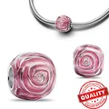 Beautiful 925 Sterling Silver Pink Enamel Rose in Bloom Charm Fit Pandora Bracelet & Necklace