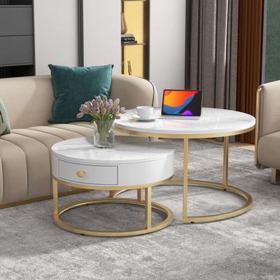 Okwish - Moderner Nesting Couchtisch Hochglanz Marmormuster 2er Set runde Couchtische Runder Nested Image