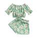 Wallarenear Baby Girls Floral Off the Shoulder Short Sleeve Ruffle Crop Top Belted Shorts